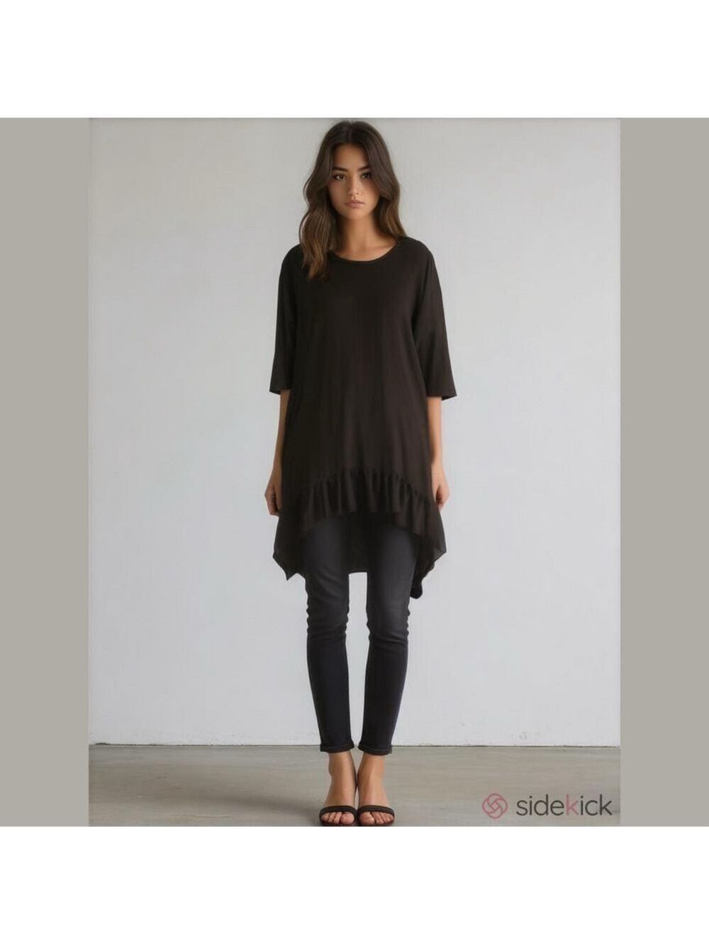 Pebble and Stone Black Ruffled Sheer Hem 3/4 Sleeve Blouse